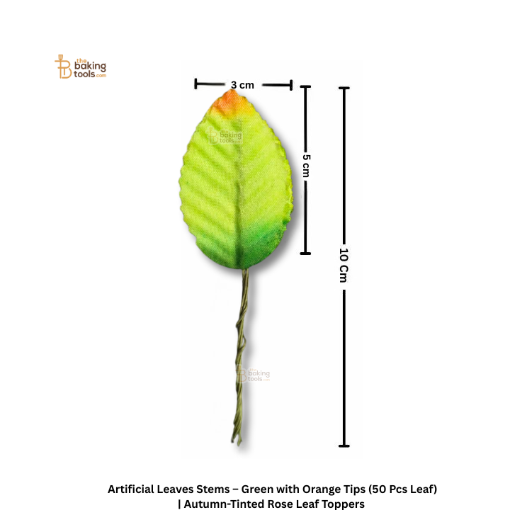 Artificial Leaves Stems – Green with Orange Tips (50 Pcs Leaf) | Autumn-Tinted Rose Leaf Toppers